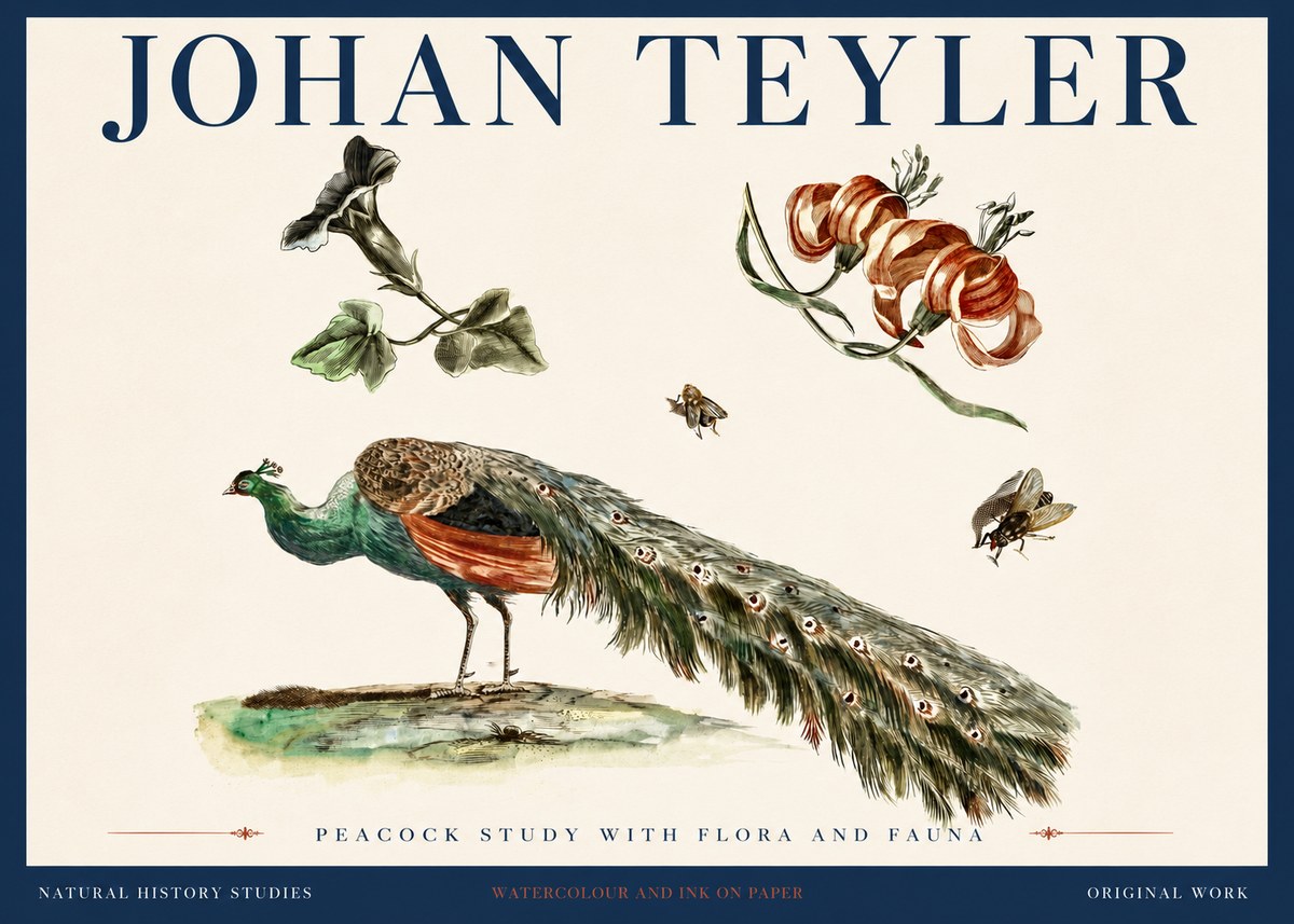 Johan Teyler Peacock Study with Flora and Fauna No4 - Poszter