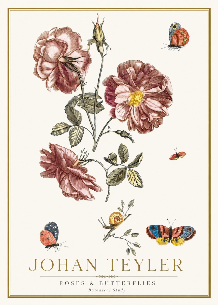 Johan Teyler Roses & Butterflies - Botanical Study No2 - Poszter