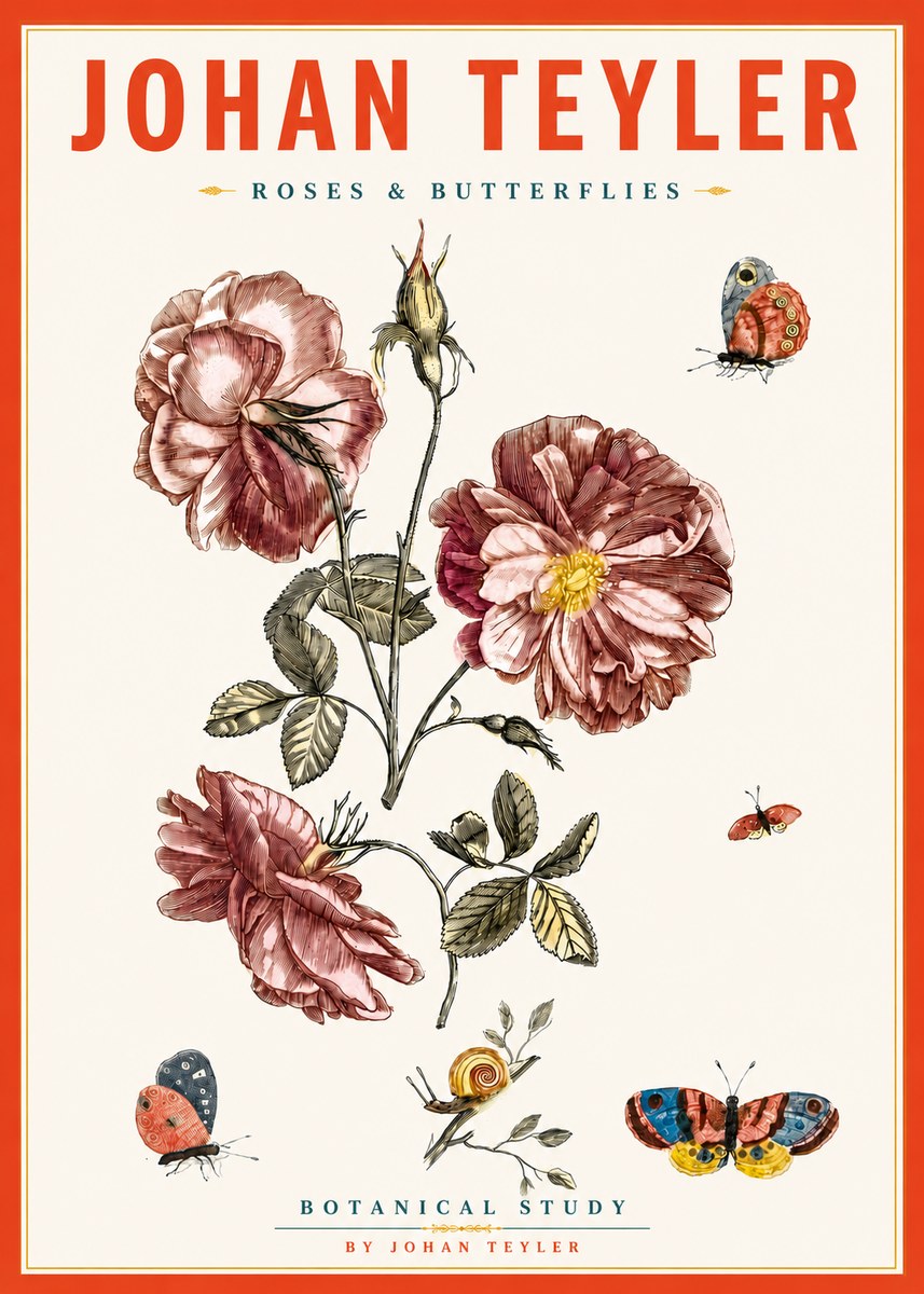 Johan Teyler Roses & Butterflies - Botanical Study No5 - Poszter
