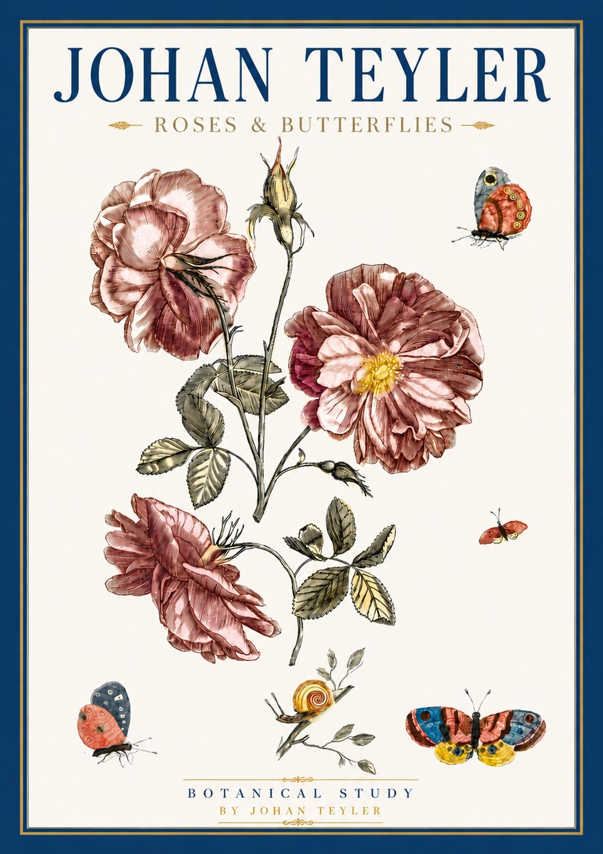Johan Teyler Roses & Butterflies - Botanical Study No6 - Poszter