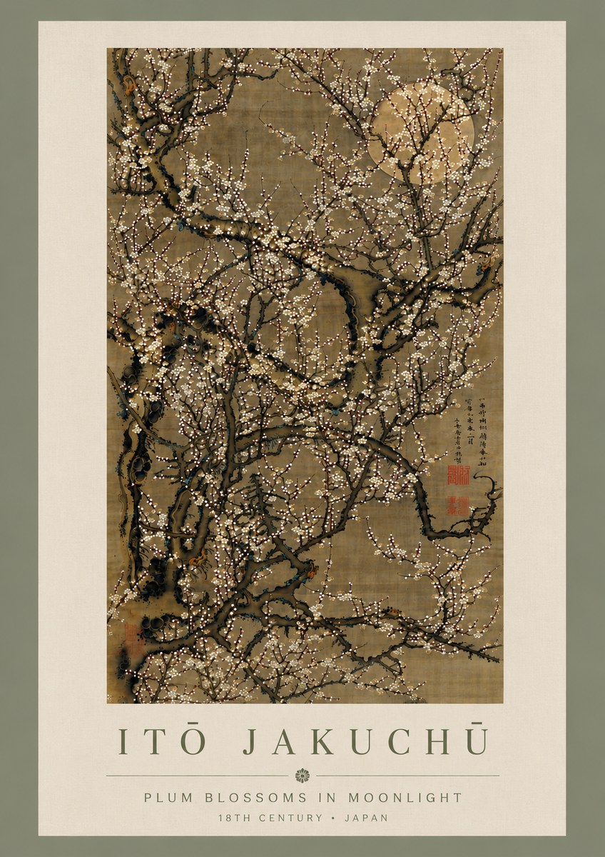 Itō Jakuchū Plum Blossoms in Moonlight No5 - Poszter