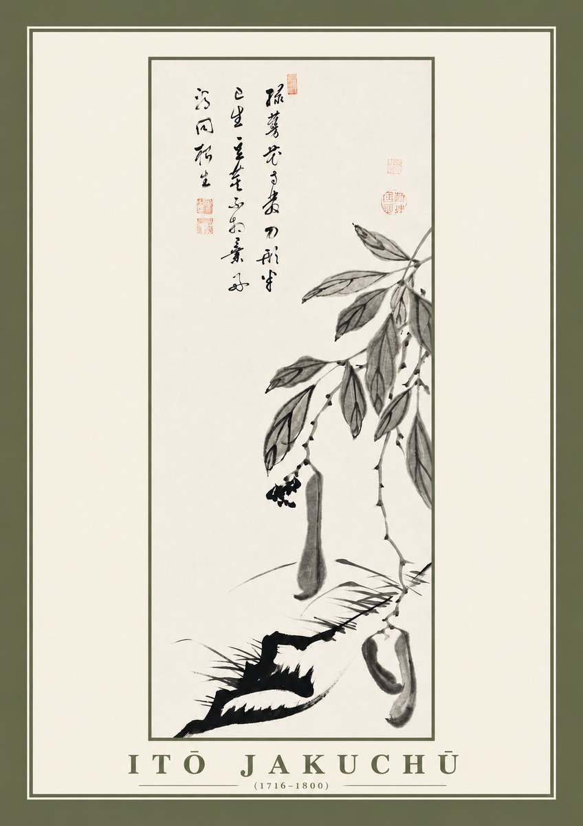 Itō Jakuchū Branch with Pods and Calligraphy No2 - Poszter