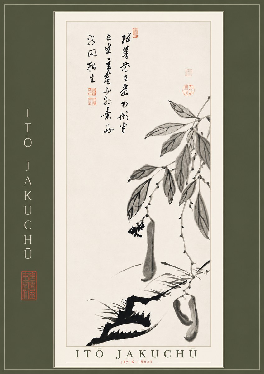 Itō Jakuchū Branch with Pods and Calligraphy No4 - Poszter