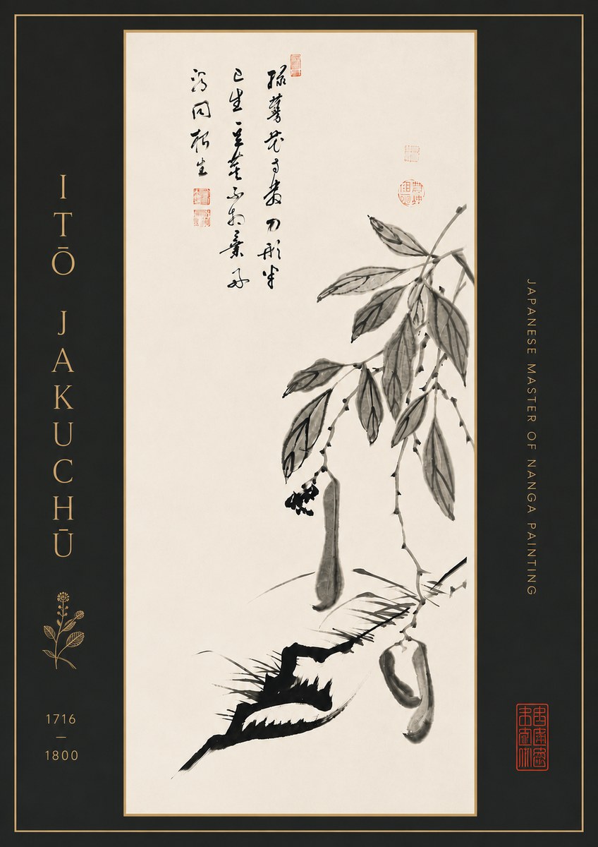 Itō Jakuchū Branch with Pods and Calligraphy No7 - Poszter