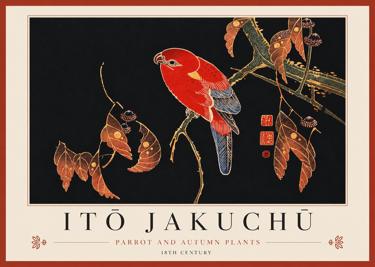 Itō Jakuchū Parrot and Autumn Plants No3 - Poszter