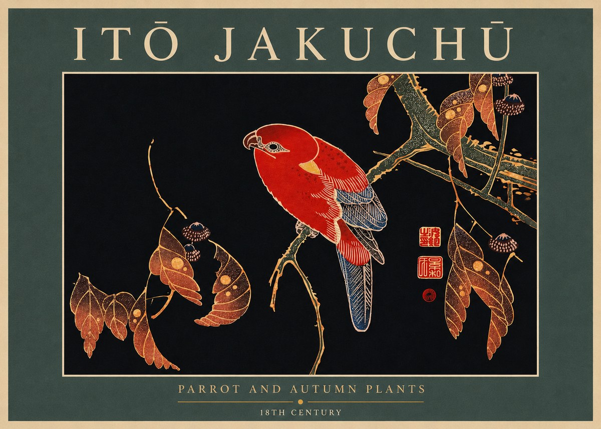 Itō Jakuchū Parrot and Autumn Plants No5 - Poszter