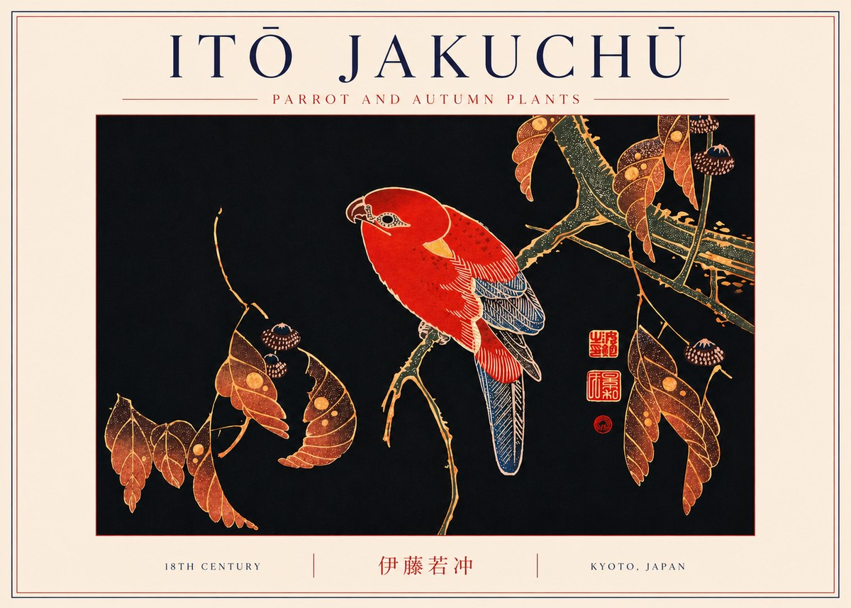 Itō Jakuchū Parrot and Autumn Plants No6 - Poszter