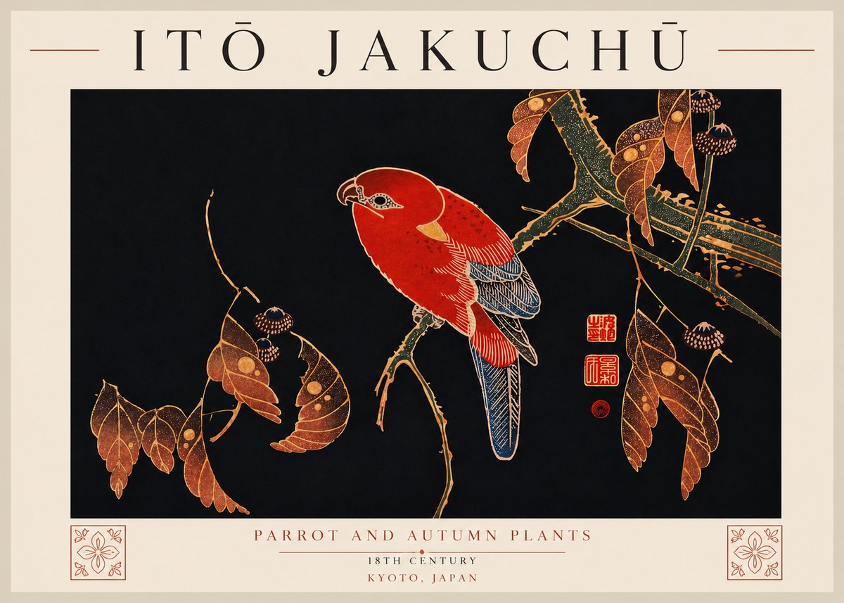 Itō Jakuchū Parrot and Autumn Plants No7 - Poszter
