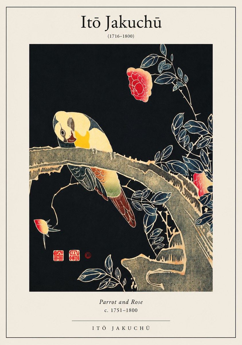 Itō Jakuchū Parrot and Rose No1 - Poszter