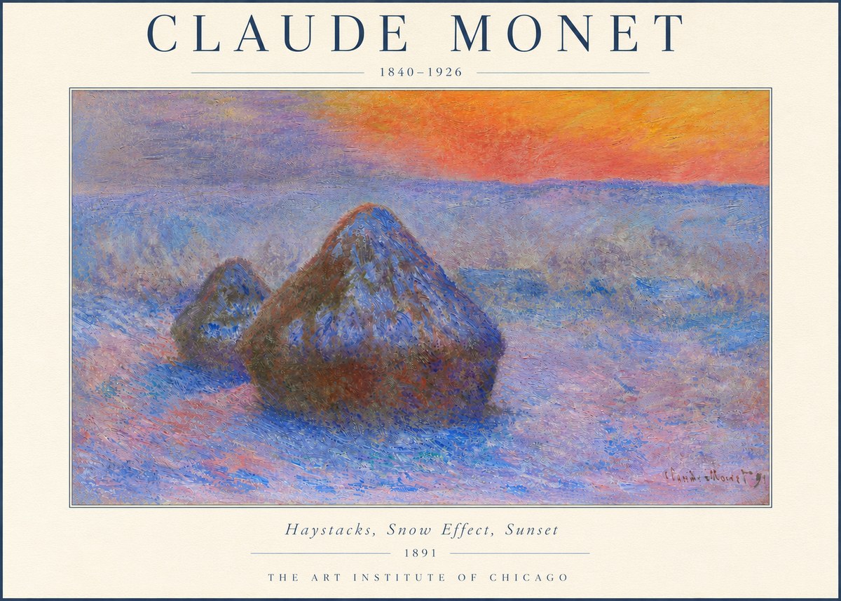 Monet Haystacks, Snow Effect, Sunset No3 - Poszter