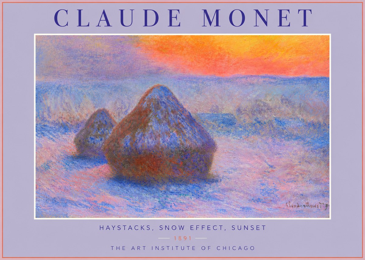 Monet Haystacks, Snow Effect, Sunset No4 - Poszter