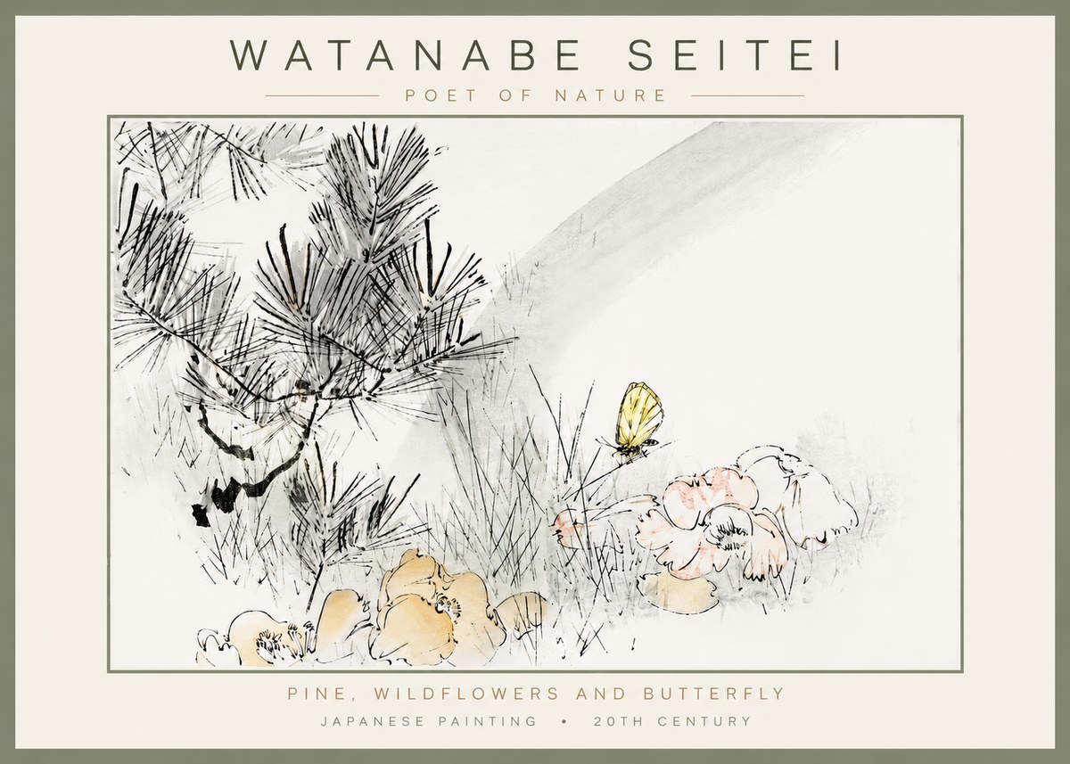 Watanabe Seitei Pine, Wildflowers and Butterfly No4 - Poszter