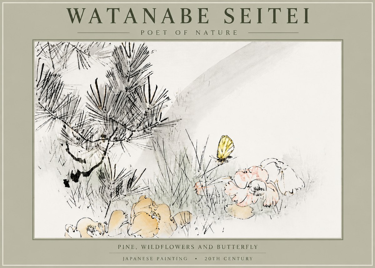 Watanabe Seitei Pine, Wildflowers and Butterfly No5 - Poszter