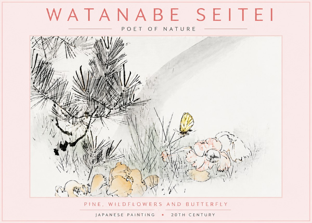 Watanabe Seitei Pine, Wildflowers and Butterfly No6 - Poszter