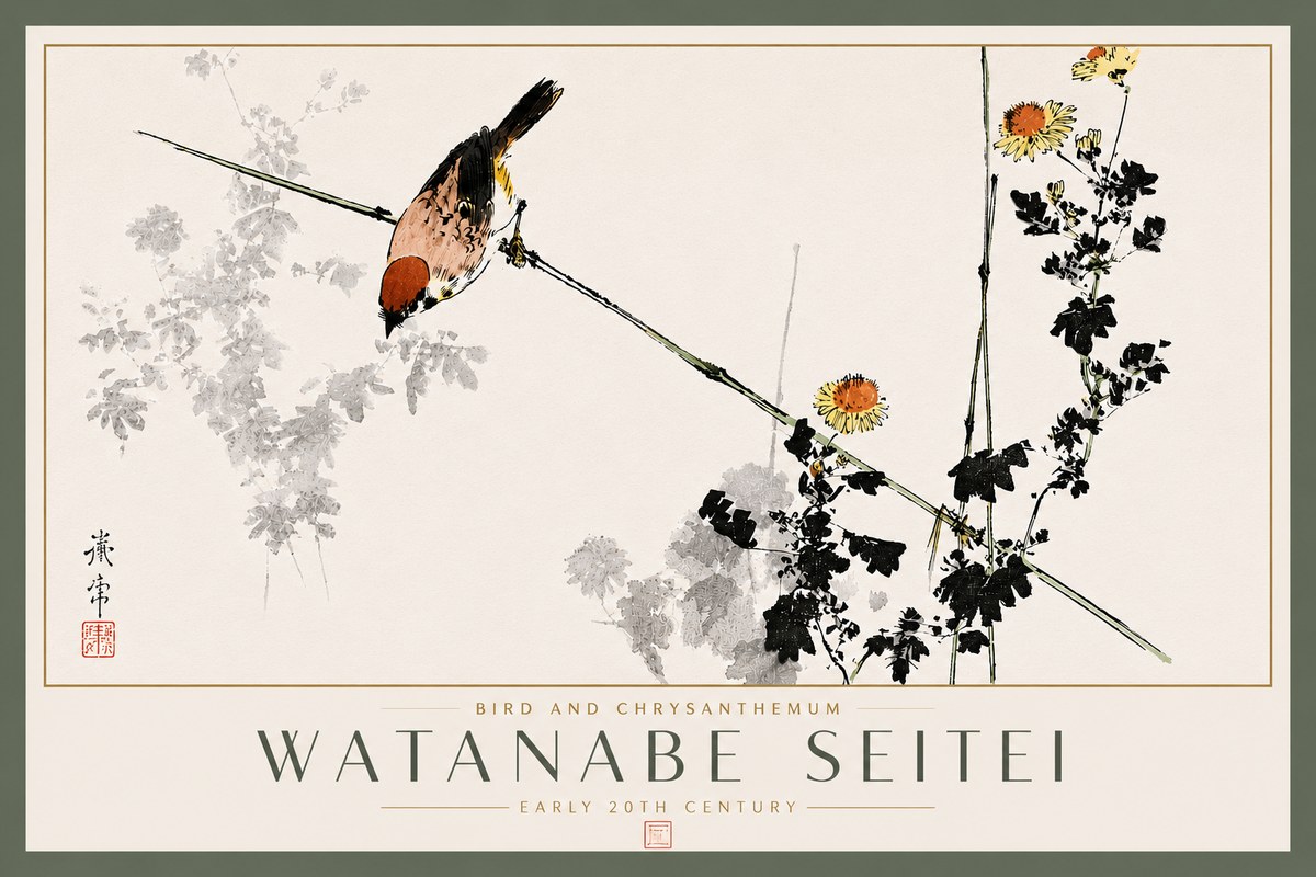 Watanabe Seitei Bird and Chrysanthemum No5 - Poszter