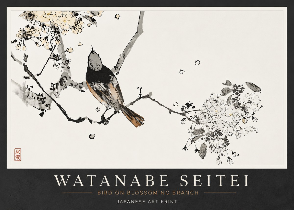 Watanabe Seitei Bird on Blossoming Branch No6 - Poszter