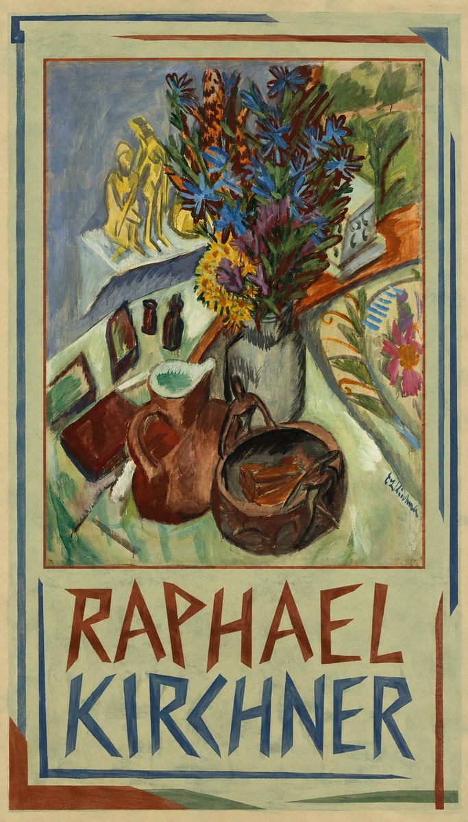 Raphael Kirchner Still Life with Blue Flowers and Figurines No1 - Poszter