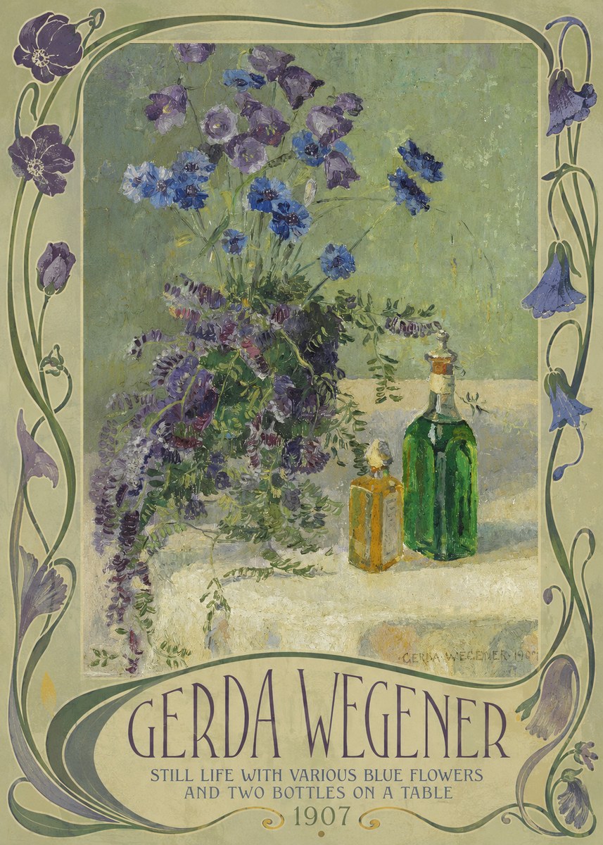 Gerda Wegener Still Life with Various Blue Flowers and Two Bottles on a Table No2 - Poszter