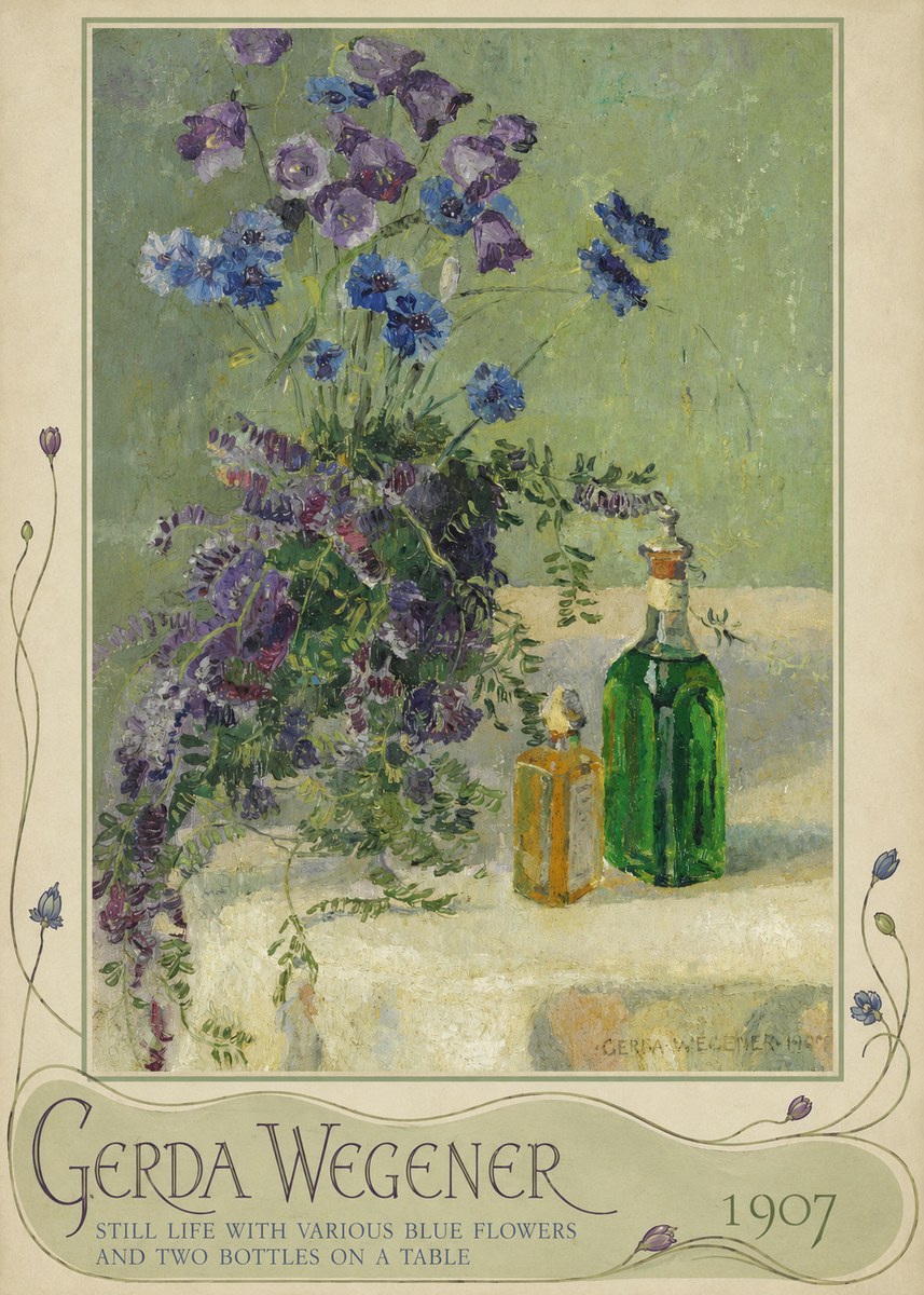 Gerda Wegener Still Life with Various Blue Flowers and Two Bottles on a Table No5 - Poszter