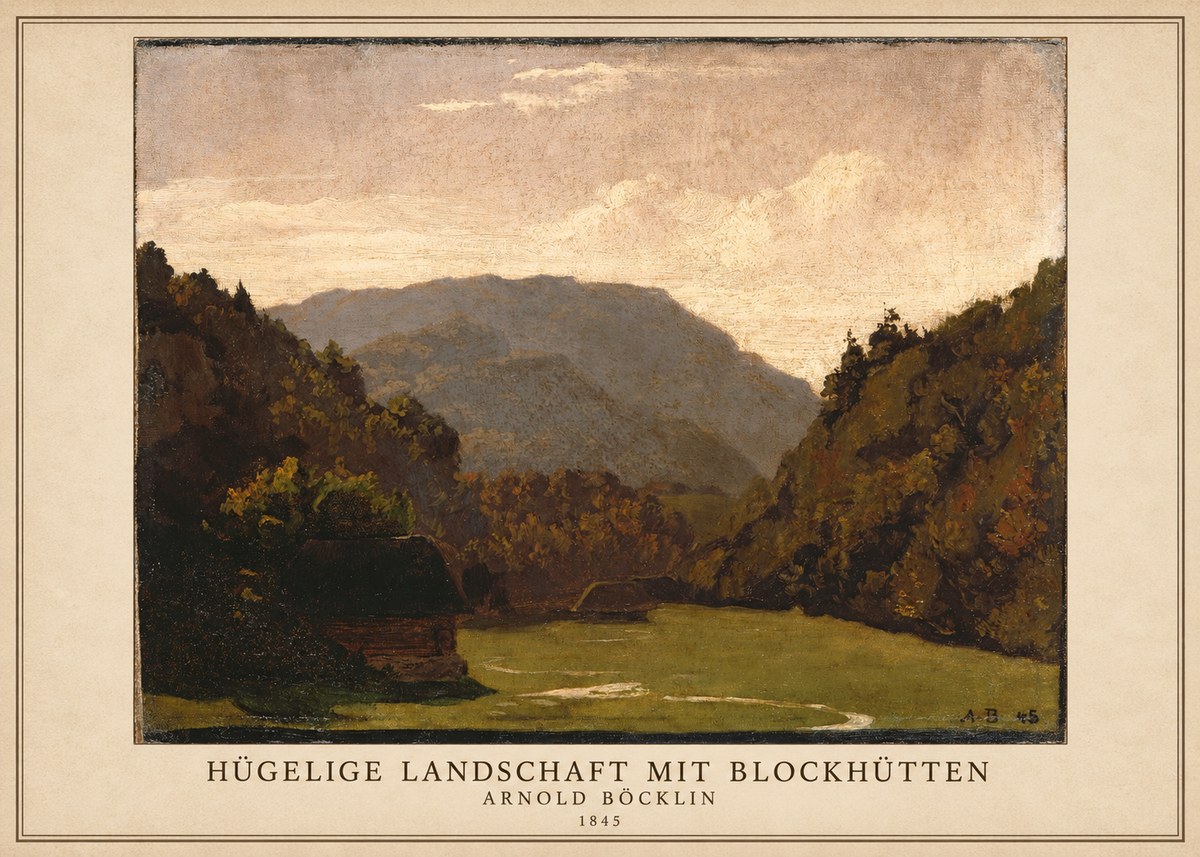 Arnold Böcklin Hügelige Landschaft Mit Blockhütten No1 - Poszter
