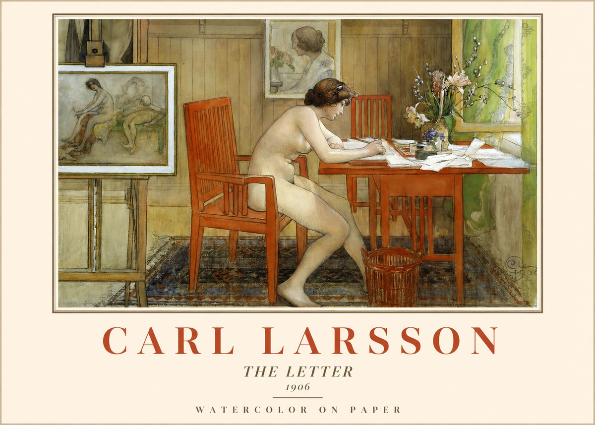 Carl Larsson Interior with a Nude Writing No2 - Poszter