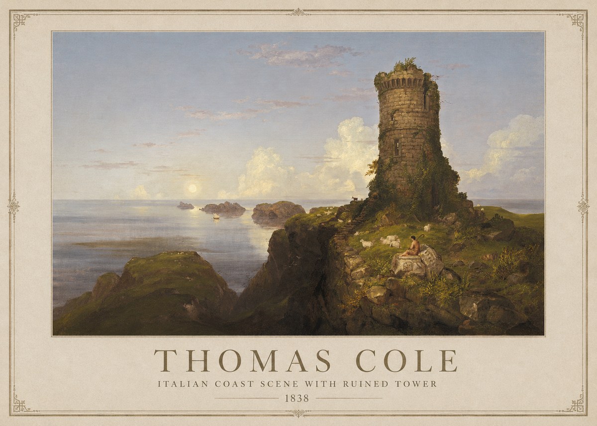 Thomas Cole Italian Coast Scene with Ruined Tower II No1 - Poszter
