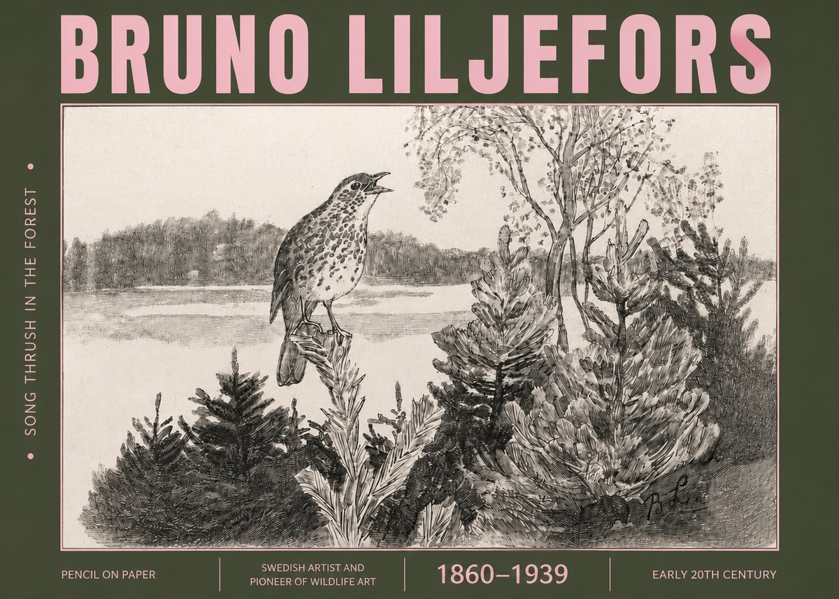 Bruno Liljefors Song Thrush in the Forest No4 - Poszter