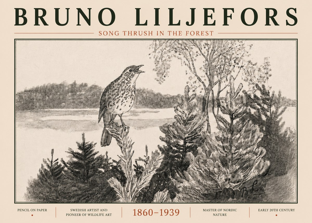 Bruno Liljefors Song Thrush in the Forest No5 - Poszter