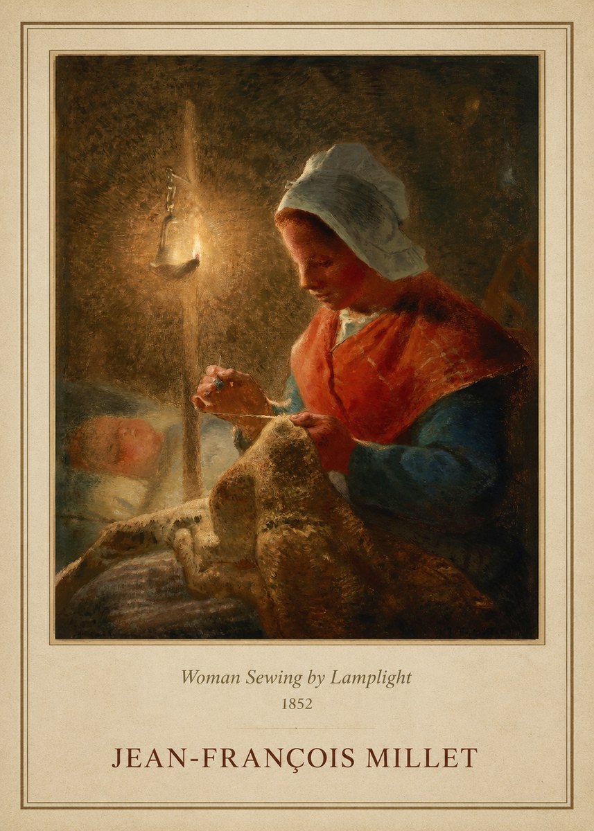 Jean-François Millet Woman Sewing by Lamplight No1 - Poszter