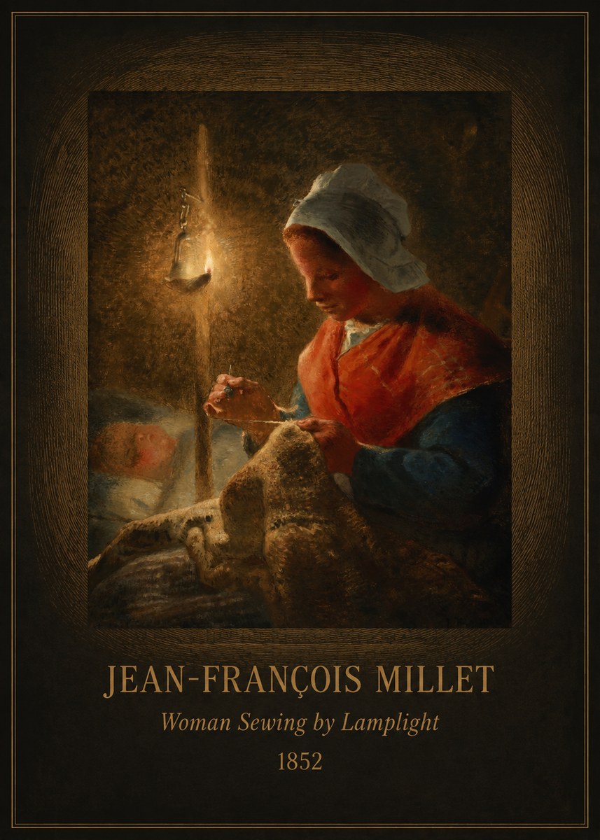 Jean-François Millet Woman Sewing by Lamplight No4 - Poszter