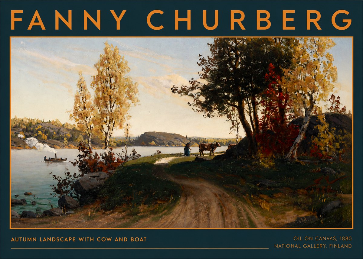 Fanny Churberg Autumn Landscape with Cow and Boat No2 - Poszter