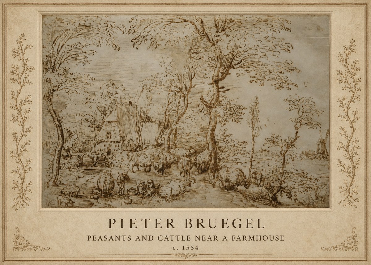 Pieter Bruegel Peasants and Cattle Near a Farmhouse No1 - Poszter
