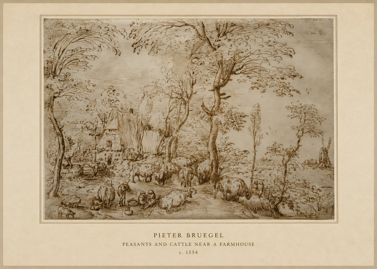 Pieter Bruegel Peasants and Cattle Near a Farmhouse No4 - Poszter