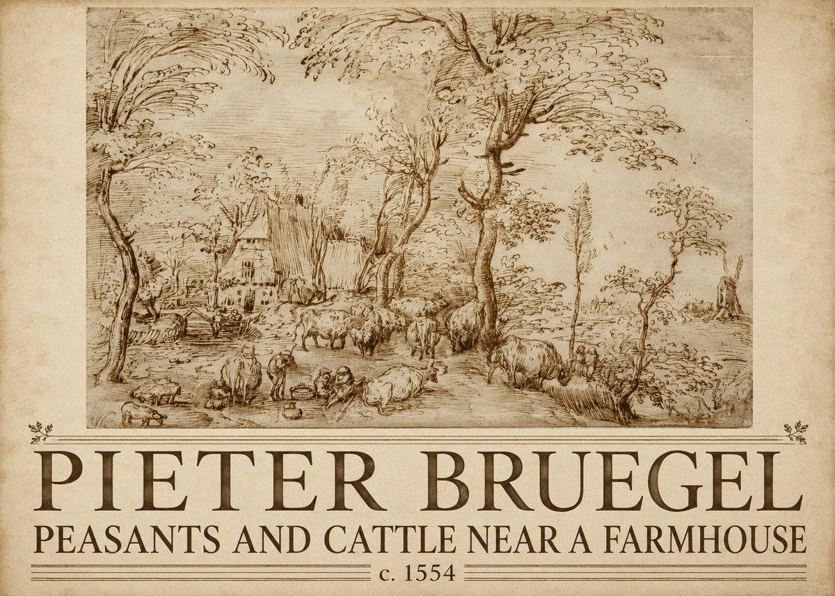 Pieter Bruegel Peasants and Cattle Near a Farmhouse No5 - Poszter