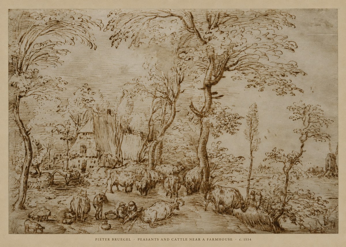 Pieter Bruegel Peasants and Cattle Near a Farmhouse No6 - Poszter