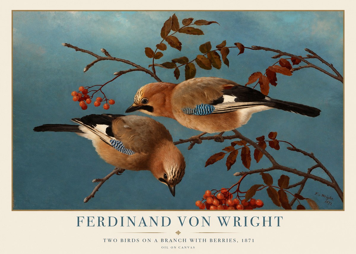 Ferdinand von Wright Two Birds on a Branch with Berries, 1871 No1 - Poszter