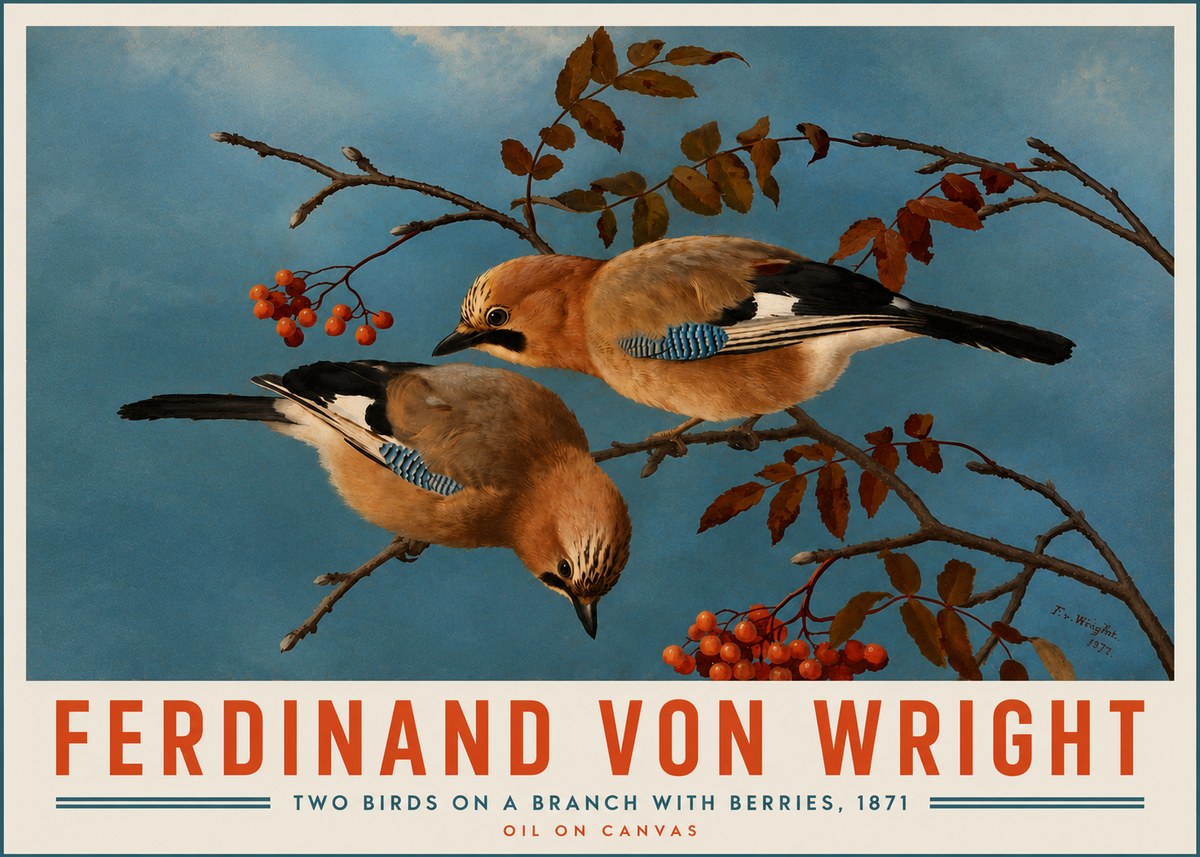 Ferdinand von Wright Two Birds on a Branch with Berries, 1871 No5 - Poszter