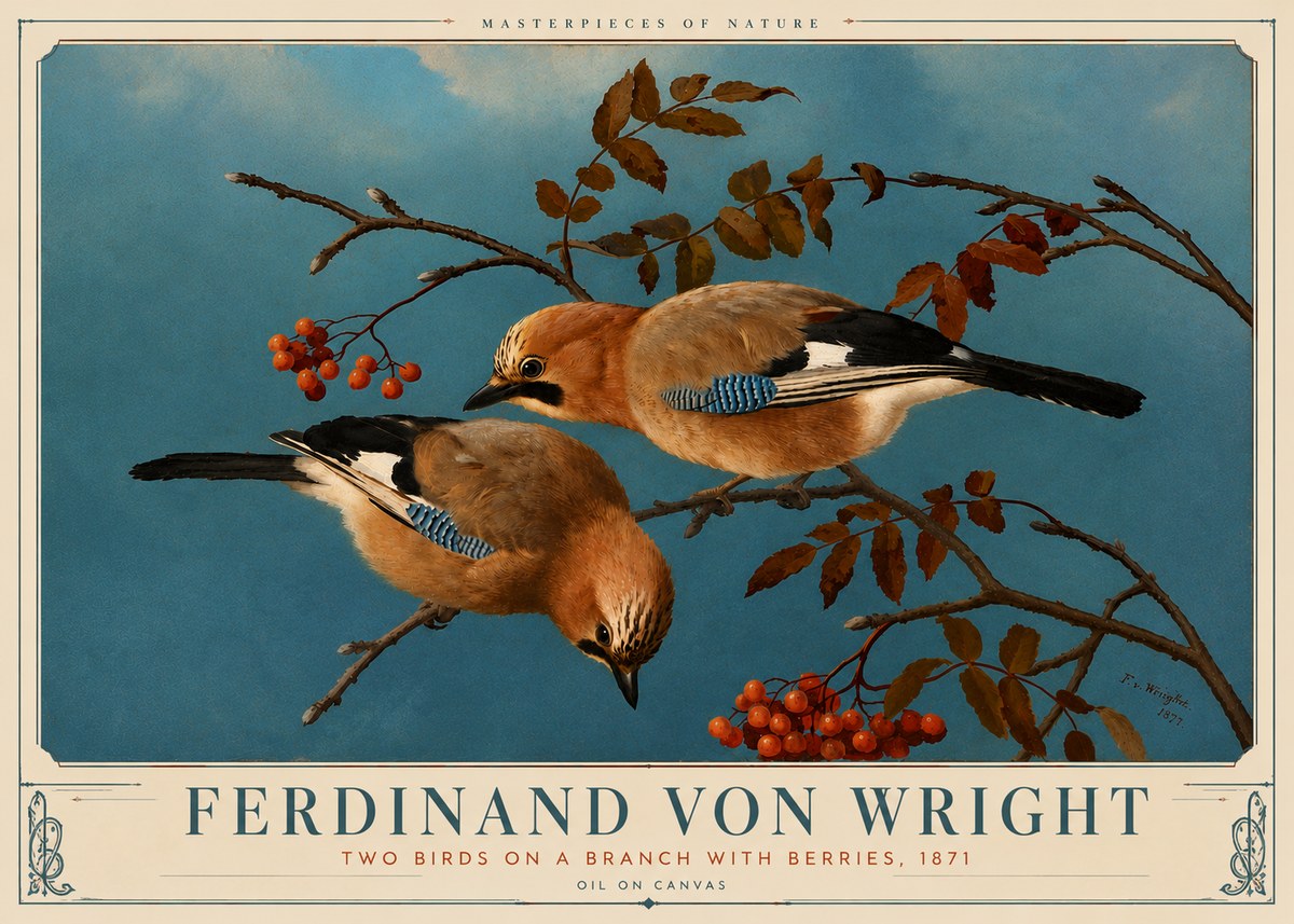 Ferdinand von Wright Two Birds on a Branch with Berries, 1871 No6 - Poszter