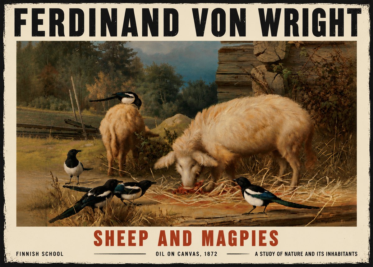 Ferdinand von Wright Sheep and Magpies No6 - Poszter
