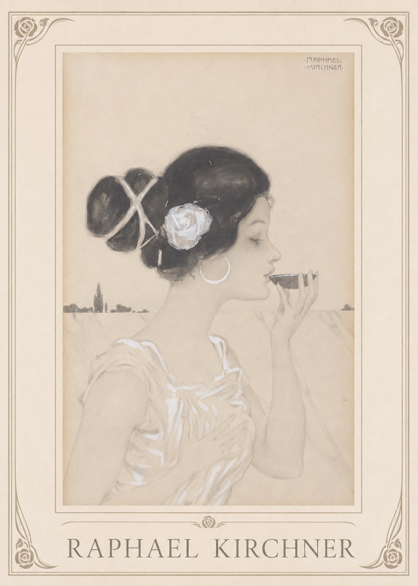 Raphael Kirchner Elegant Lady with Rose and Cup No1 - Poszter