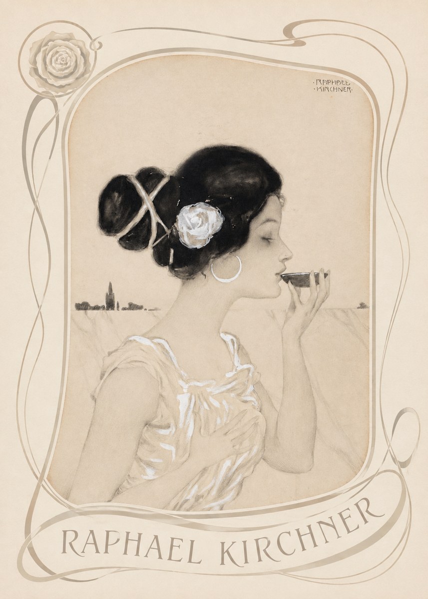 Raphael Kirchner Elegant Lady with Rose and Cup No4 - Poszter