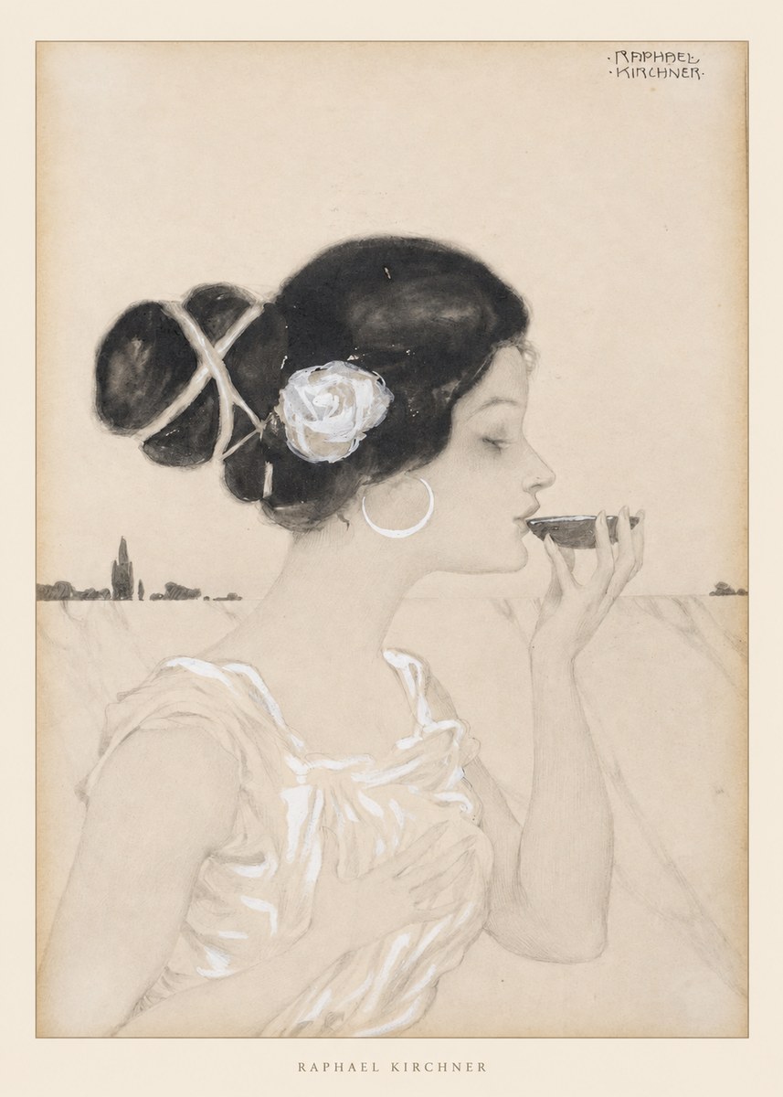 Raphael Kirchner Elegant Lady with Rose and Cup No6 - Poszter